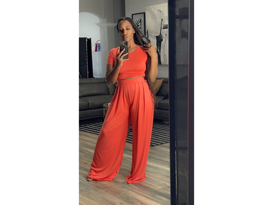 BELLA DARK CORAL WIDE LEG PANT SET